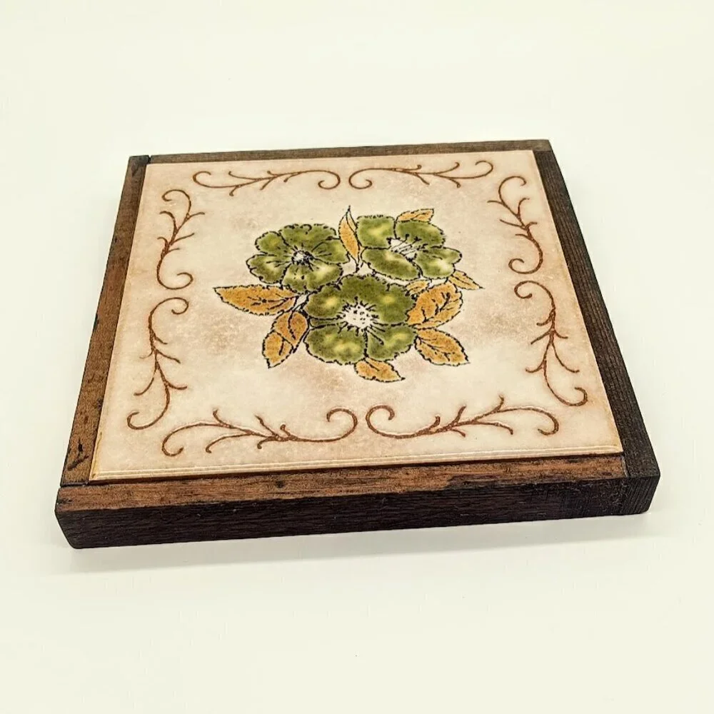 Vintage Italian Wood Square Ceramic Tile Trivet - Floral
